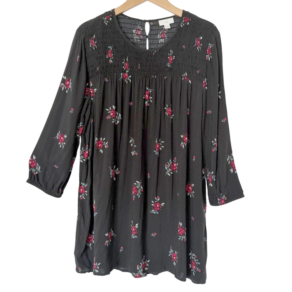 J. Jill Floral Smocked 3/4 Sleeve Women M Black Rayon Blouse Cottagecore Peasant